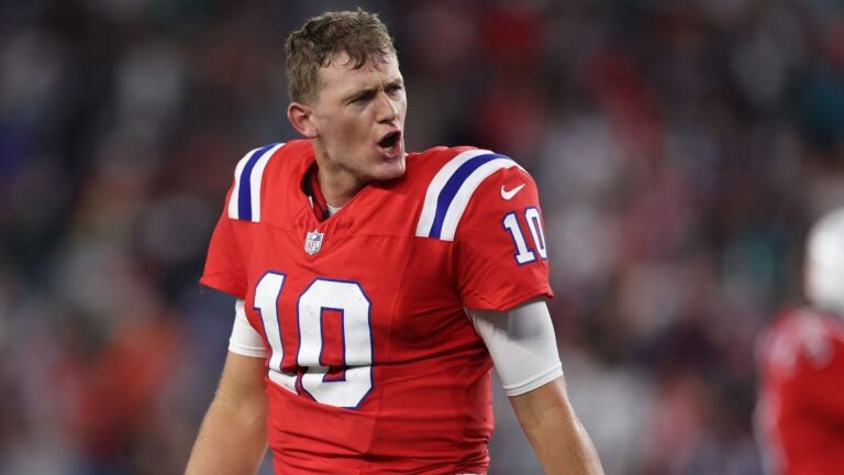 Mac Jones #10 of the New England Patriots reacts after officials overturned a spot to turn the ball over and end the game \amia at Gillette Stadium on September 17, 2023 in Foxborough, Massachusetts.